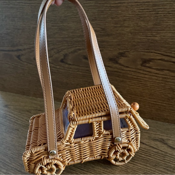 Tommy Bahama Tan Woven Rattan Car-Shaped Satchel - Picture 15 of 16